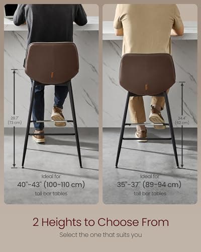 VASAGLE Set of 2 Ergonomic Counter Height Bar Stools with Back, 24.4-Inch, Caramel Brown