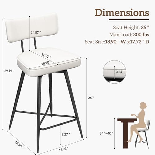 26 Inch White Leather Counter Swivel Stools with Back, Kitchen Bar Chairs Set of 2
