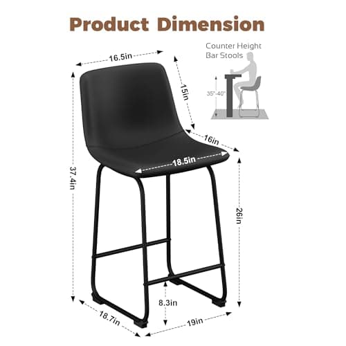 Black Modern 26 Inch Counter Height Bar Stool Set with Faux Leather and Footrest