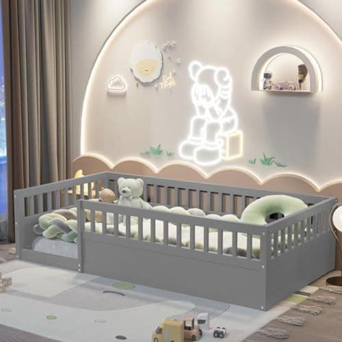 Wood Montessori Twin Floor Bed with Rails for Kids, Boys, Girls