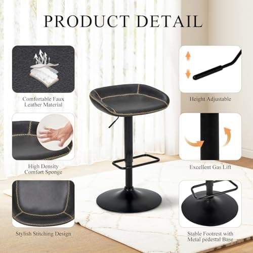 Adjustable Leather Swivel Bar Stools Set of 2 for Kitchen Island and Dining Room in Black