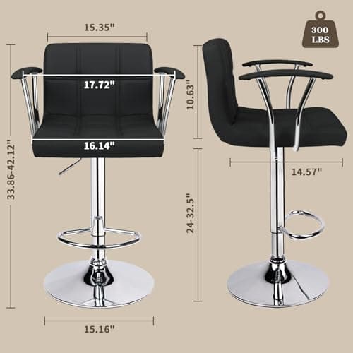 Black Counter Height Bar Stools, Adjustable Swivel with Armrests Set of 2