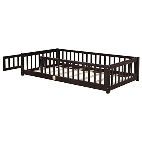 Twin Size Wood Montessori Bed with Convertible Door & Safety Guardrails for Kids, Espresso