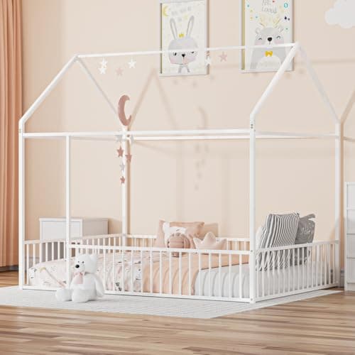 LLS Wooden Twin Bed with Roof & Fence, Gray for Boys & Girls