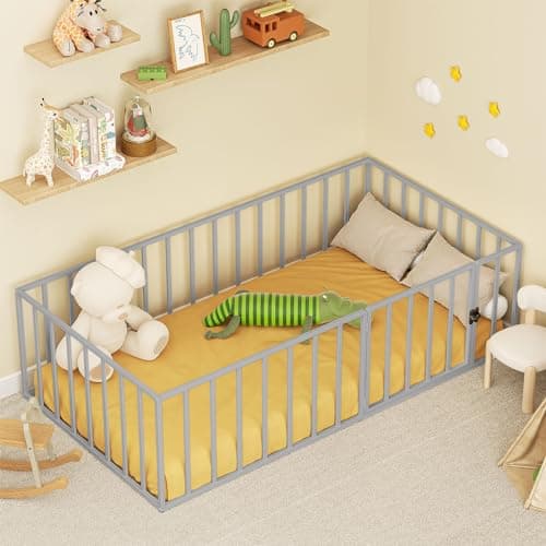 ROOMTEC Montessori Twin Floor Bed Frame with Fence & Door Easy Assembly