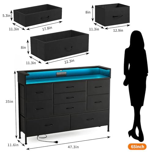 Black LED Dresser with 9 Drawers and Charging Station for Kid's Room or Living Space