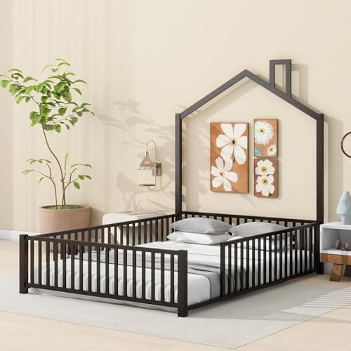 Full Size Metal Montessori Bed with Guardrail, White