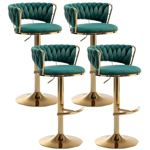 Beige Velvet Gold Bar Stools Set of 4, Counter Height, Low Back, Adjustable & Swivel