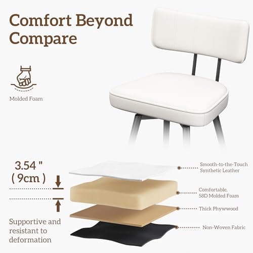 26 Inch White Leather Counter Swivel Stools with Back, Kitchen Bar Chairs Set of 2