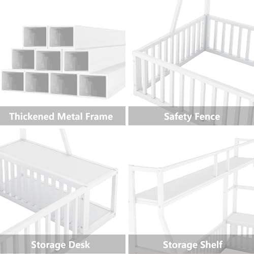 Full Size Kids' Safety Fence Floor Bed with Desk & Storage, Off White