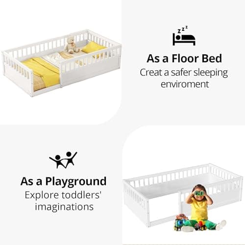 Twin Size Floor Bed with High Fence, Solid Wood Montessori for Kids, White
