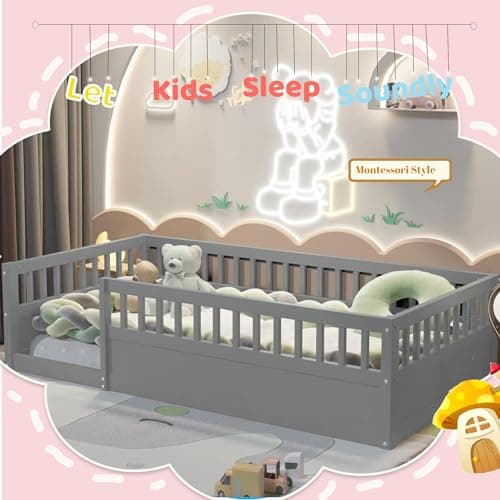 Montessori Twin Bed with High Railings for Kids, Gray