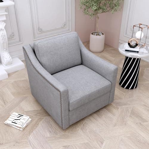 Swivel Accent Chair with Nailhead Trim and Metal Base Stand, Comfy Club Chair