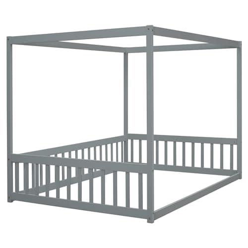 i-POOK Full Size Canopy Bed Frame with Fence, Grey
