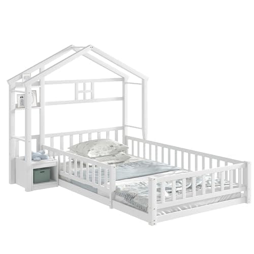 Twin Size Floor Bed with House-Shaped Headboard & Stand, Kids Montessori White