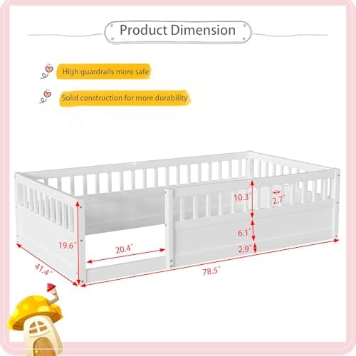 Montessori Twin Bed with High Rails for Kids, White