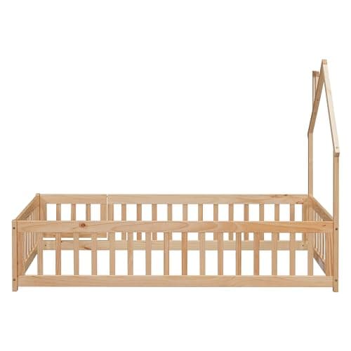 Twin Size Montessori Floor Bed with Door & Roof, Easy Assembly & Guardrails, Natural Finish