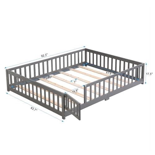 Queen Size Pine Wood Floor Bed Frame with Door and Rails - Grey