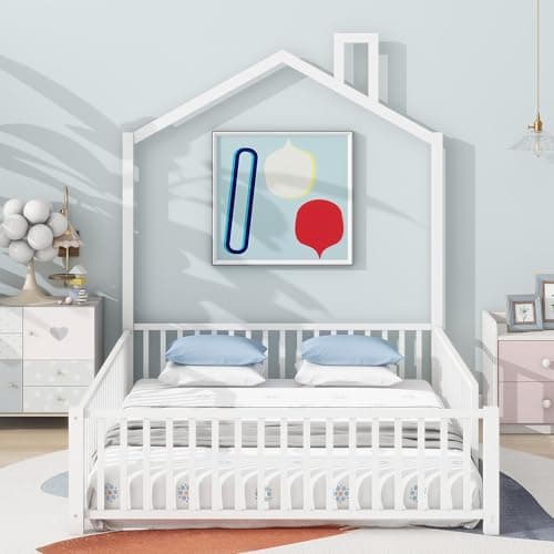 Full Size Metal Montessori Bed with Guardrail, White