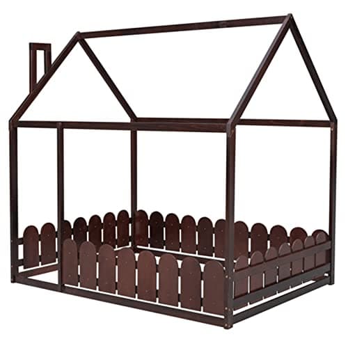Wood House Bed Frame with Fence & Roof for Kids and Teens, Full Size Floor Bed with Guardrail, Espresso