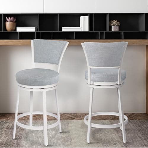 Modern Grey & White Linen Counter Height Bar Stool Set, 25 Inch Swivel Chairs