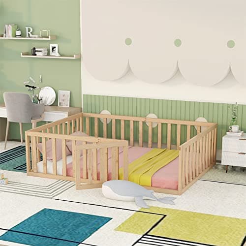 Wooden Montessori Full Size Bed Frame with Safety Rails for Kids, Easy Assembly, Natural Wood Finish