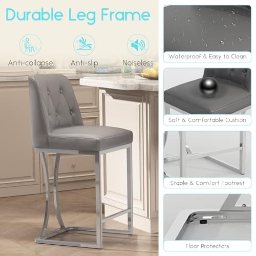 Silver Metal Frame Grey Bar Stools Set of 4 with Footrest