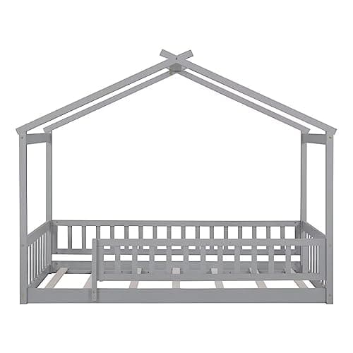 i-POOK Grey Wood Floor Bed with Fence & Roof for Kids