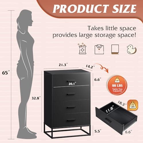 Wood Dresser with 4 Drawers for Bedroom and Living Room, Black
