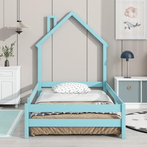 Montessori Twin Floor Bed with House-Shaped Headboard and Fence Guardrails for Toddlers in Blue