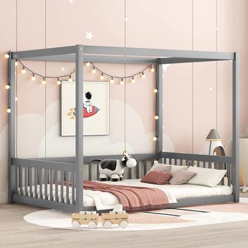i-POOK Full Size Canopy Bed Frame with Fence, Grey