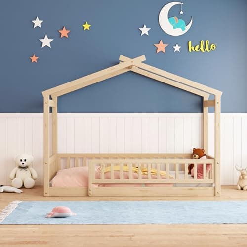 Bellemave Full Size Montessori Wood House Bed with Fence, Natural