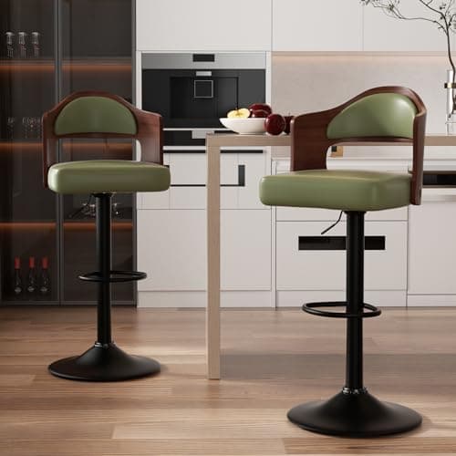 Adjustable Height Wooden Bar Stools Set of 2 with PU Leather Seat & Footrest