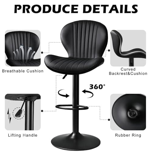 PUKAMI Counter Height Bar Stool Set, Adjustable with Footrest & Back (Black, Set of 4)