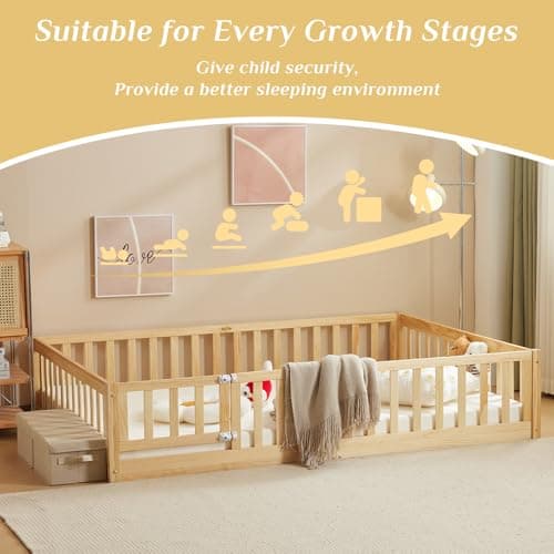 Montessori Toddler Floor Bed with Door and Fence for Kids (Natural)