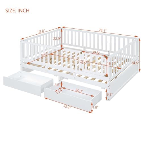 i-POOK Full Size White Wooden Daybed with Drawers & Fence Guardrails