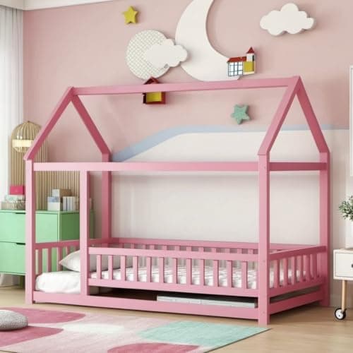Montessori Floor Bed Frame with Roof & Fence, White, No Box Spring Needed