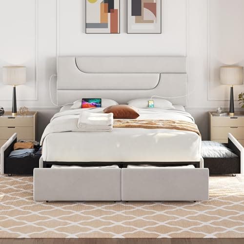 Yaheetech Dark Gray Queen Bed Frame with USB Charging & Storage Drawers