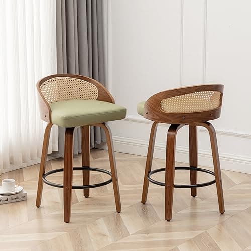 Mid-Century Modern Beige Rattan Swivel Bar Stool Set, 26" Walnut Finish