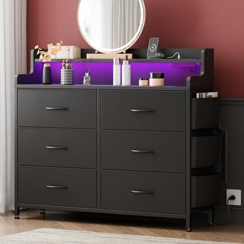 Lulive Black Dresser with 6 Drawers & LED Light for Bedroom