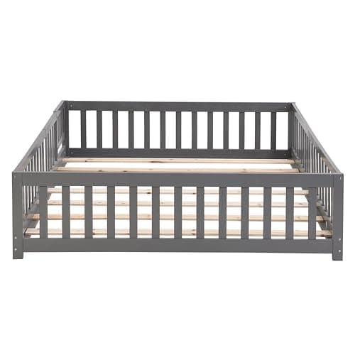 Queen Size Pine Wood Floor Bed Frame with Door and Rails - Grey