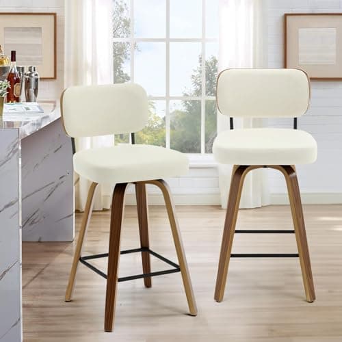 Mid Century Modern 26" Faux Leather Bar Stool Set, Cream White with Back