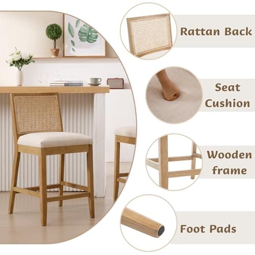 Rattan 26" Counter Stools, Set of 4, Cream Boho Kitchen Chairs