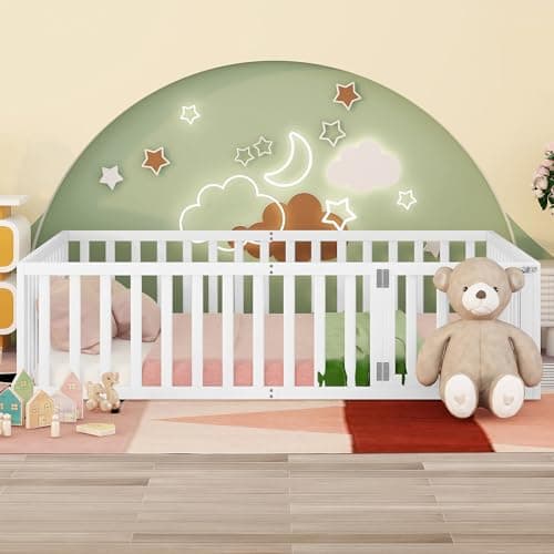 Montessori Floor Bed for Children, Queen Size White Wood Frame with Fence & Door