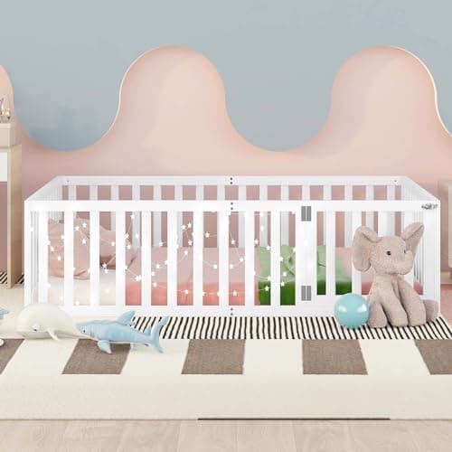Full Size Montessori Floor Bed for Kids, Sturdy Wood Frame with Fence & Door, White Color (No Bed Slats)