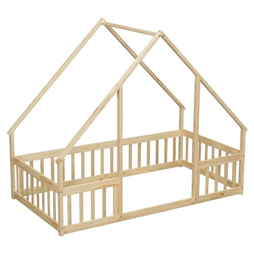Twin Size Montessori Floor Bed with Fence, Natural Solid Wood Frame