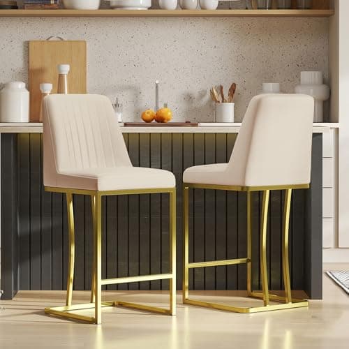 LSSBOUGHT Gold Metal Counter Height Bar Stools Set of 4, Beige Padded Leathaire Back