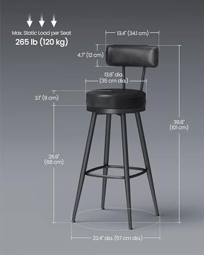 VASAGLE EKHO Collection Bar Stools Set of 2, Mid-Century Modern 30-Inch Tall, Ink Black