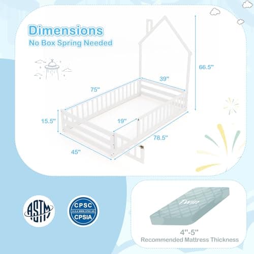 Giantex House-Shaped Montessori Twin Floor Bed with Headboard & Guardrail (White)