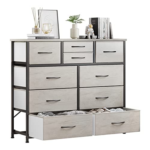 LUMTOK 10-Drawer Fabric Dresser, Steel Frame, Wood Top (Grey)